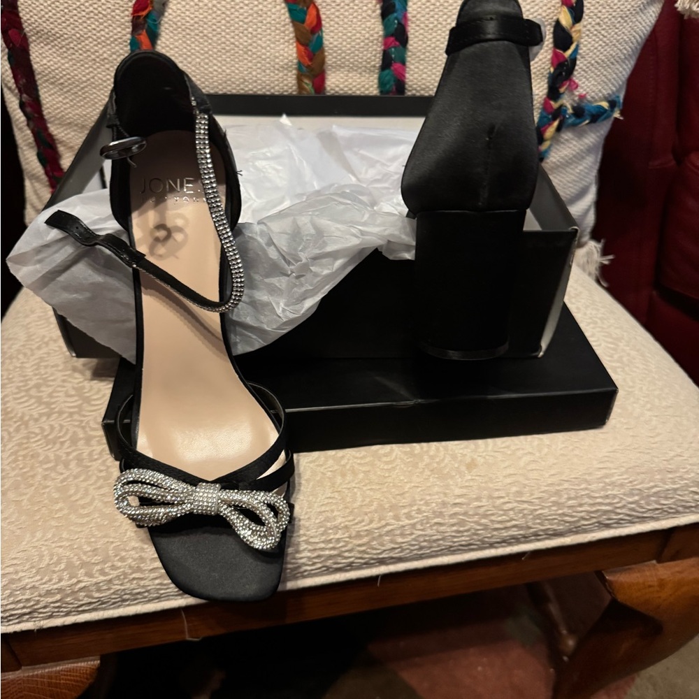 Jones New York Black Satin Heels with Rhinestone Bow